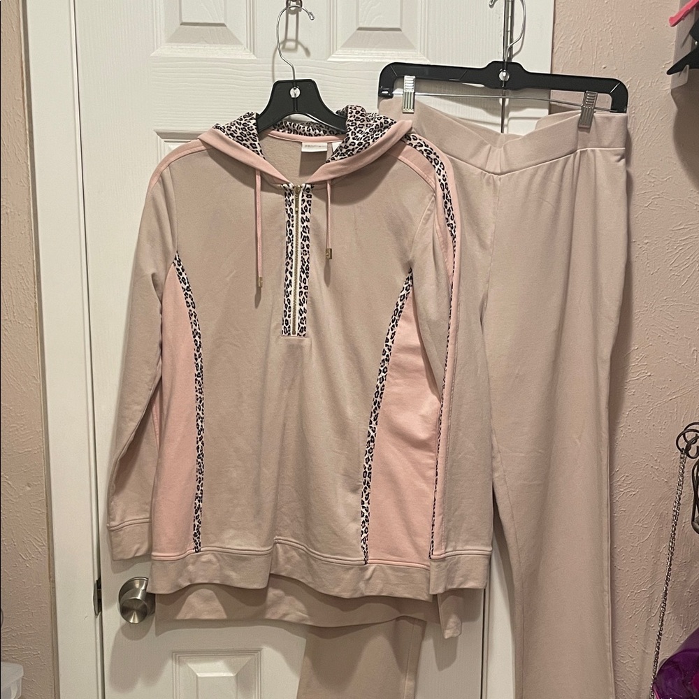 Chico's Pink and Cream Sweater with Leopard Trim